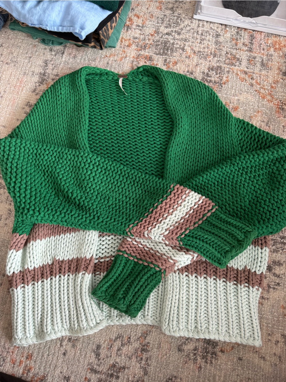 Free People Green Knit Cardigan with light blue & Brown Stripe